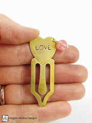 Brass Heart Bookmark With Hand Stamped "LOVE" Affirmation And Stone