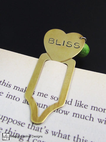 Brass Heart Bookmark With Hand Stamped "BLISS" Affirmation And Stone