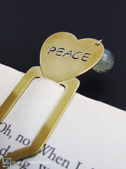 Brass Heart Bookmark With Hand Stamped "PEACE" Affirmation And Stone