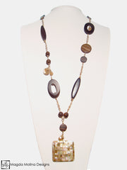 The Long Gold, Ebony And Rutilated Quartz Necklace With Shell Mosaic Pendant