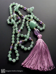 The Light Green Aventurine and Amethyst MALA Necklace With Silk Tassel