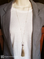 The Long Silver Chain Necklace With Champagne Silk Tassel And Agate