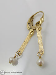 The Mini Hammered Gold Bars And Pearls Dangle Earrings