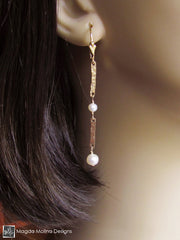The Hammered Gold Bars And Pearls Dangle Earrings