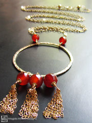 The Long Hammered Gold Ring Necklace With Carnelian And Tassels