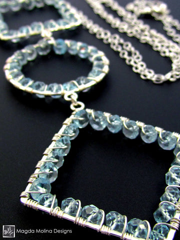 Long Geometric Silver Necklace With Blue Topaz Gemstones
