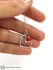 Mini Goddess (children) Red Coral And Delicate Hammered Silver Heart Necklace