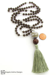 The Smokey Quartz And Wood MALA Necklace With Green Silk Tassel