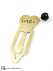 Brass Heart Bookmark With Hand Stamped "PEACE" Affirmation And Stone