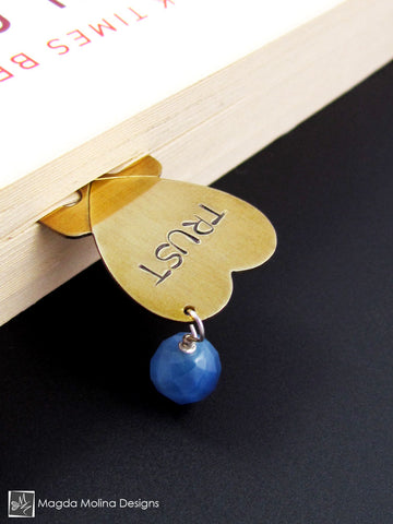 Brass Heart Bookmark With Hand Stamped "TRUST" Affirmation And Stone