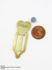 Brass Heart Bookmark With Hand Stamped "PEACE" Affirmation And Stone