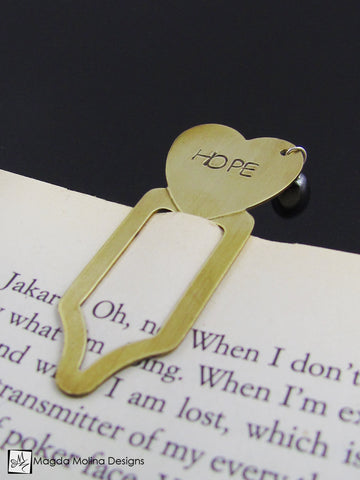 Brass Heart Bookmark With Hand Stamped "HOPE" Affirmation And Stone