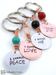 Copper / Stainless Steel Keychain With "I choose LOVE / PEACE / JOY / ME" Affirmation And Stone