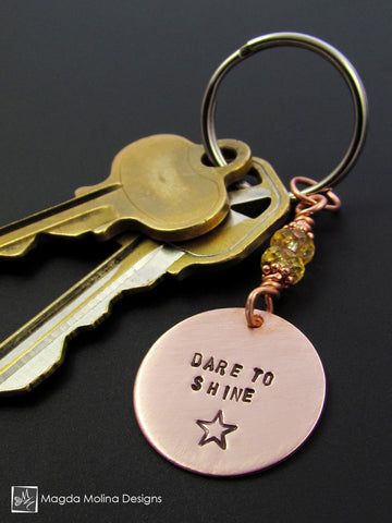 Copper Keychain With "DARE TO SHINE" Affirmation And Citrine Gemstones