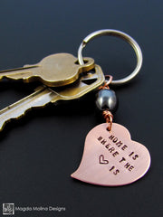 Copper Heart Keychain With "HOME IS WHERE THE HEART IS" Affirmation And Hematite