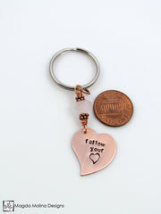 Copper Heart Keychain With "FOLLOW YOUR HEART" Affirmation And Rose Quartz