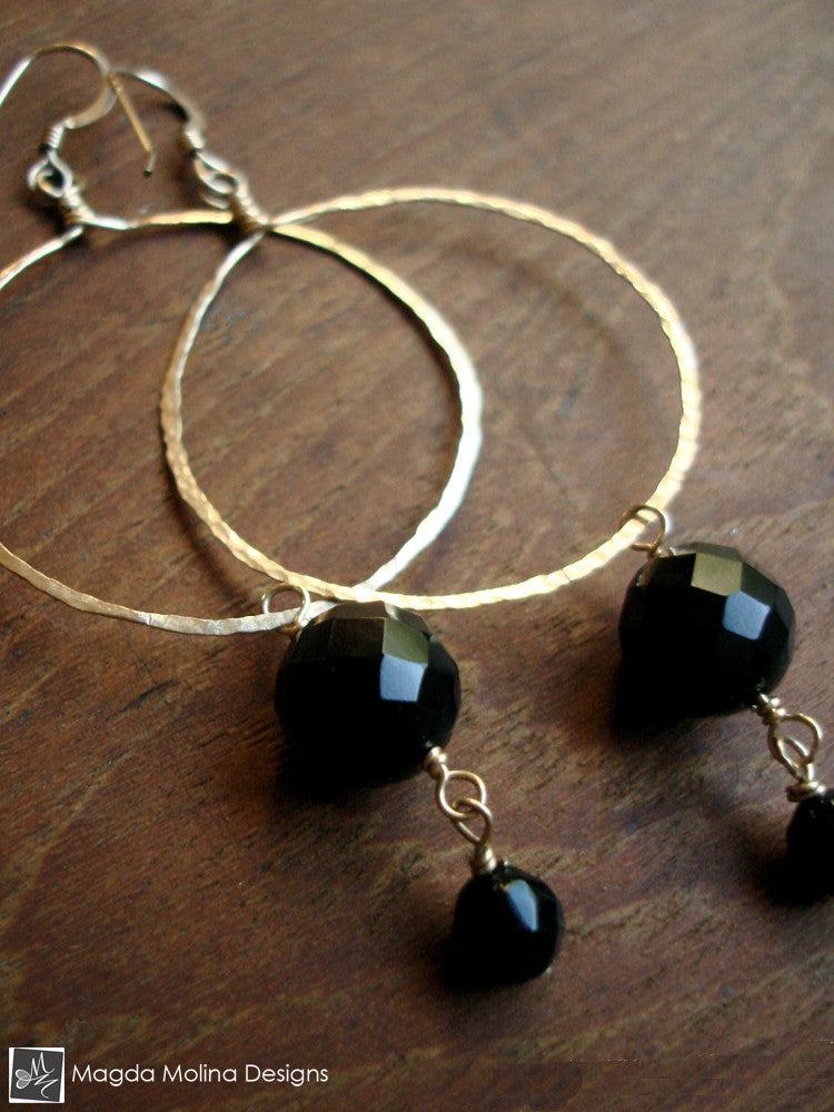 The Faceted Black Onyx & Hand Hammered Gold Hoop Earrings