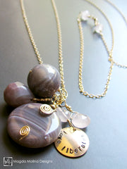 Long Gold Filled Chain Necklace With Agate + Rose Quartz Cluster Pendant