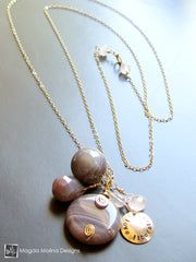 Long Gold Filled Chain Necklace With Agate + Rose Quartz Cluster Pendant