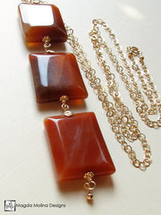 Long Gold Filled Chain Necklace With Chunky Carnelian Stones Pendant