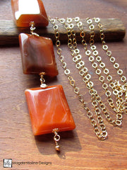 Long Gold Filled Chain Necklace With Chunky Carnelian Stones Pendant