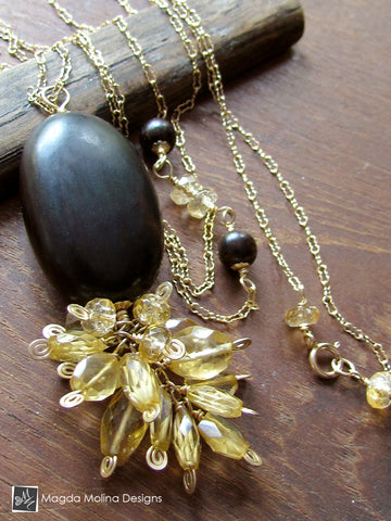 Long Citrine Cluster and Ebony Wood Necklace