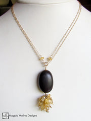 Long Citrine Cluster and Ebony Wood Necklace