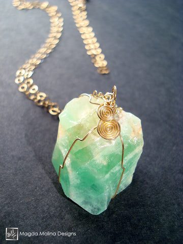 Long Wire-Wrapped Green Calcite Chunk Necklace