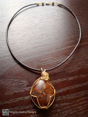 Red Jasper Cabochon Wire Wrapped in Gold Filled Hanging on Leather