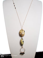 Long Yellow Turquoise and Hematite Necklace on Gold Filled Chain