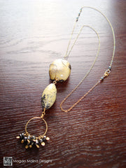 Long Yellow Turquoise and Hematite Necklace on Gold Filled Chain