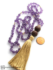 The Purple Amethyst And Wood MALA Necklace With Gold Silk Tassel