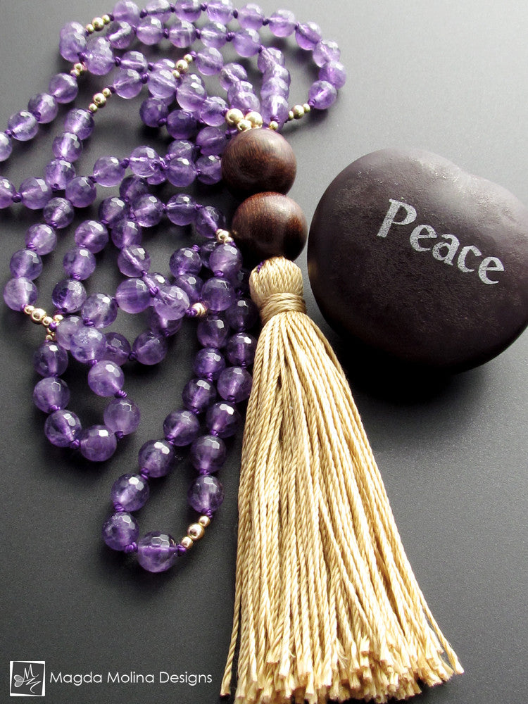 The Purple Amethyst And Wood MALA Necklace With Gold Silk Tassel