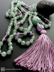 The Light Green Aventurine and Amethyst MALA Necklace With Silk Tassel