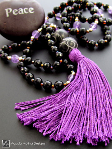 The Black Onyx And Amethyst MALA Necklace With Purple Silk Tassel