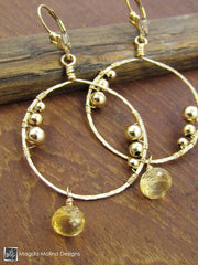 The Large Wire Wrapped Gold Hoops With Citrine Gem Drops