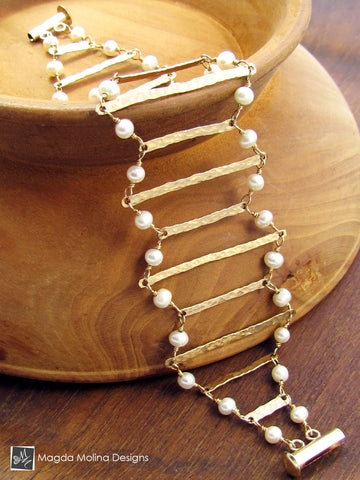 WHOLESALE - The Golden Ladder Architectural Bracelet With Freshwater Pearls