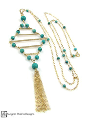 The Long Turquoise And Gold Diamond Shaped Necklace With Tassel