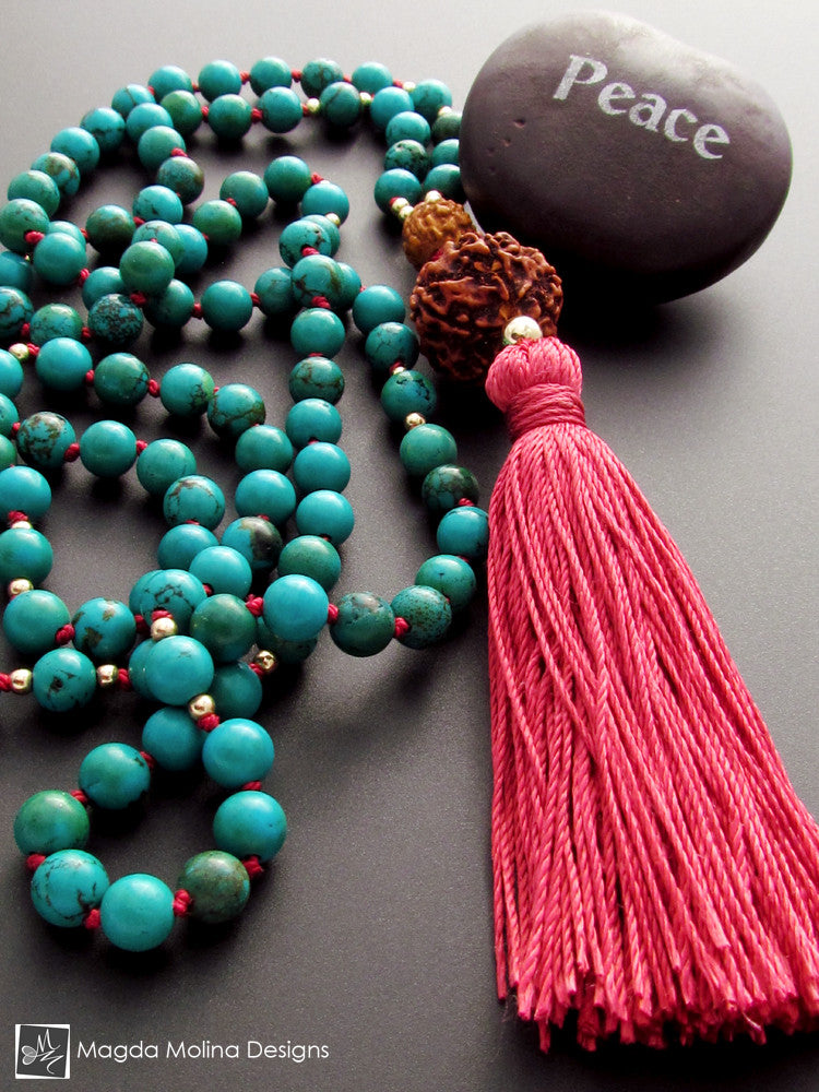 The Turquoise and Rudraksha MALA Necklace With Red Silk Tassel