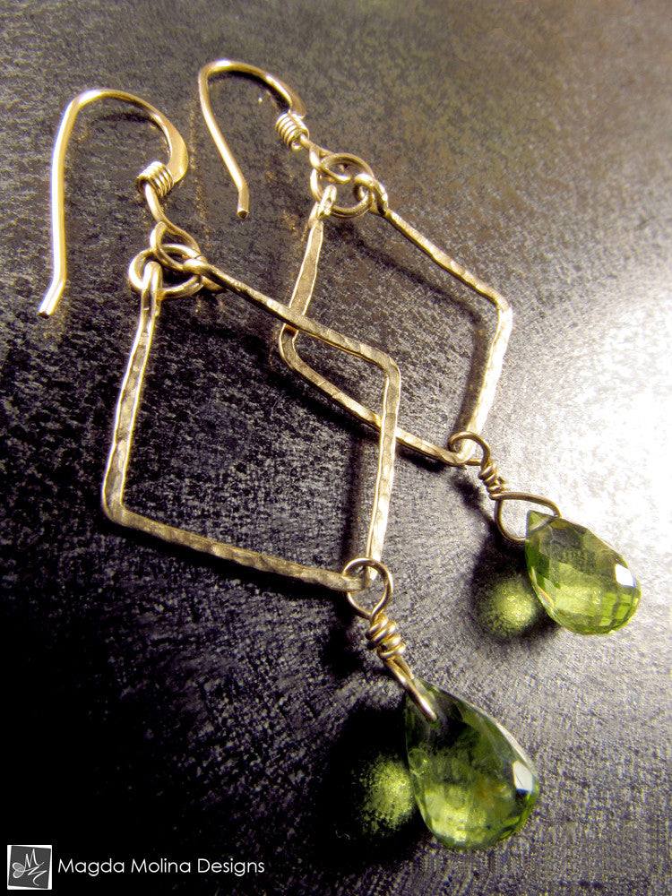 The Hammered Gold Diamonds Earrings With Fancy Peridot Drops