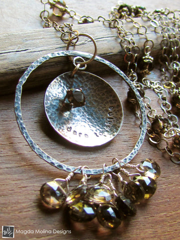 The Long Silver "DARE TO SHINE" Affirmation Necklace With Smokey Quartz