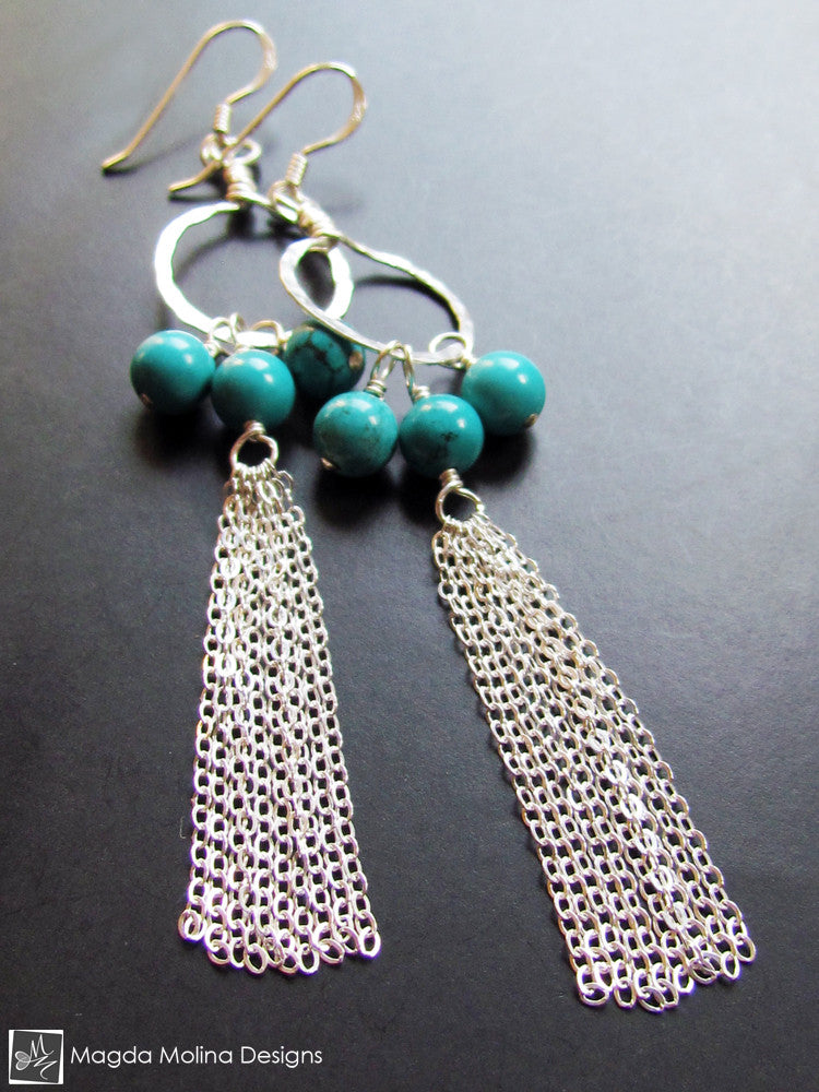 The Long Delicate Turquoise And Silver Tassel Dangle Earrings