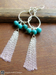 The Long Delicate Turquoise And Silver Tassel Dangle Earrings