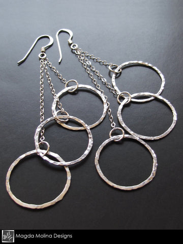 The Multiple Hammered Silver Rings On Chain Earrings