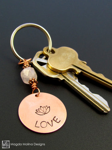 WHOLESALE - Copper Keychain With "LOVE", Lotus And Rose Quartz (choose from 6 affirmations)