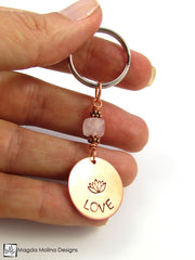 Copper Keychain With "LOVE", Lotus And Rose Quartz (choose from 6 affirmations)