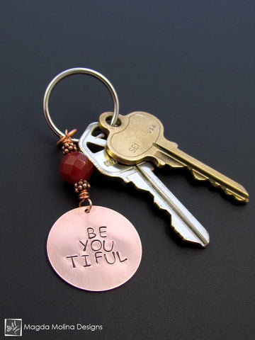 WHOLESALE - Copper Keychain With "BE YOU TIFUL" Affirmation And Carnelian