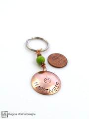 Copper Keychain With "HAPPINESS" Affirmation And Green Turquoise