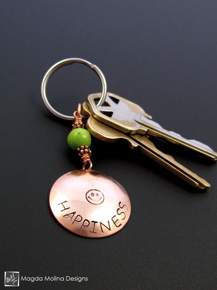 Copper Keychain With "HAPPINESS" Affirmation And Green Turquoise