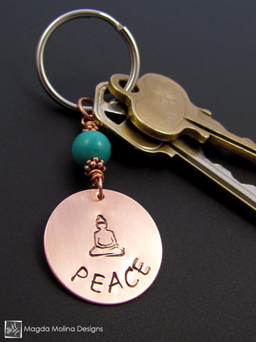 WHOLESALE - Copper Keychain With "PEACE" Affirmation, Buddha And Turquoise